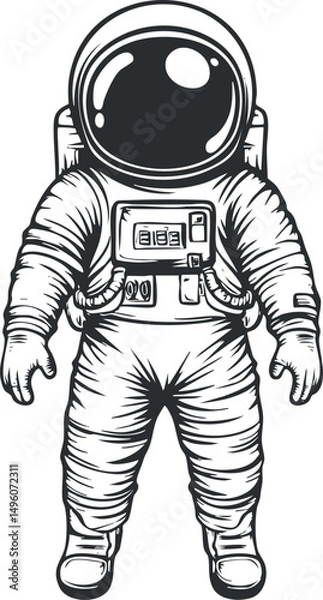 Obraz Black and white illustration of an astronaut in a detailed spacesuit standing facing forward with a reflective helmet.