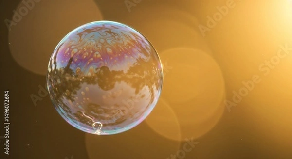 Fototapeta Colorful soap bubble floating in the air with a golden background and bokeh effect