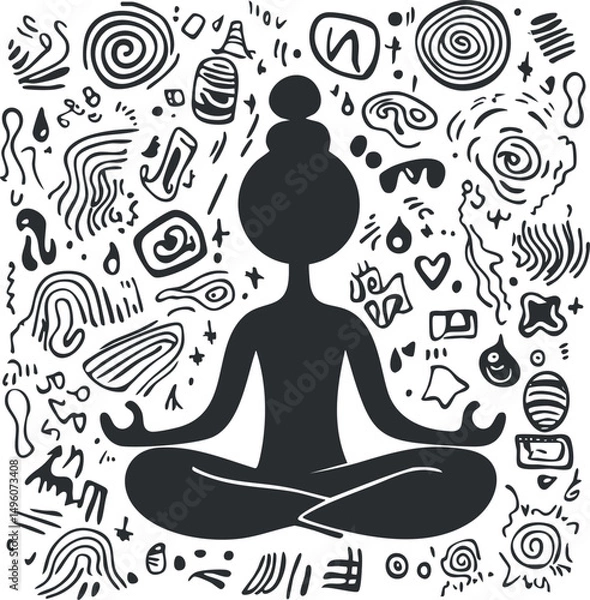 Fototapeta Silhouette of a woman meditating in lotus pose surrounded by abstract hand-drawn doodles and symbols representing calm and mindfulness