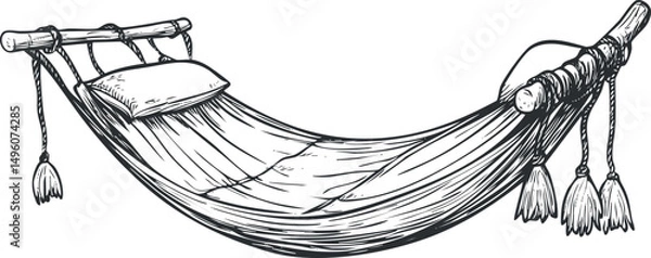 Fototapeta Black and white line drawing of a hammock with pillow hanging between two wooden bars for relaxation and rest