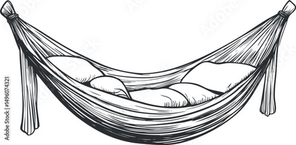 Fototapeta Hand-drawn sketch of a hammock with pillows for outdoor relaxation and resting comfort