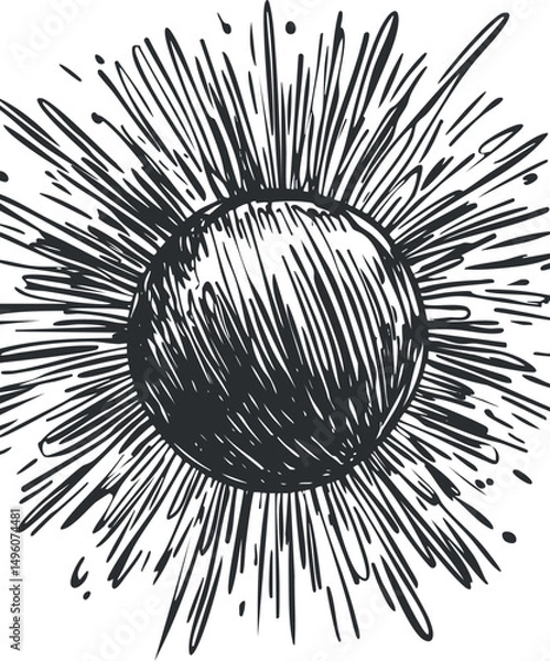 Fototapeta Black and white hand drawn sketch of a sun with radiant rays bursting outward in a vintage style