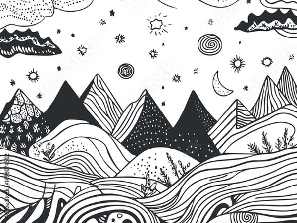 Fototapeta Abstract black and white line art drawing of mountains, hills, stars, moon, and clouds with wavy patterns and decorative elements