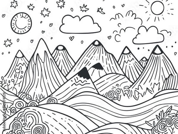 Fototapeta Black and white line art illustration of a mountain landscape with sun, clouds, hills, and foliage in a natural outdoor setting.