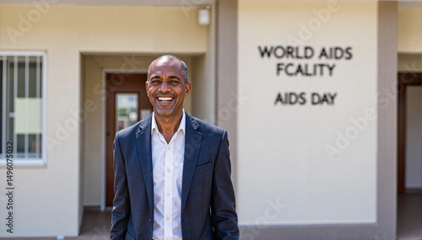 Obraz Smiling man standing outside the World AIDS facility on AIDS Day  