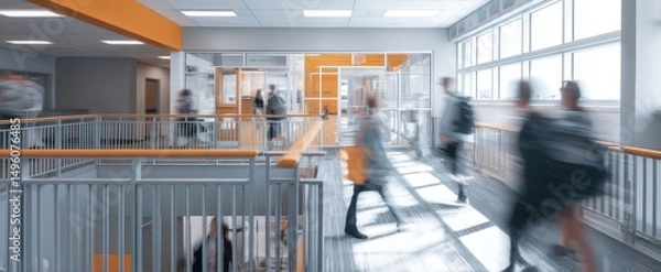 Fototapeta The bustling corridor filled with students in a modern educational building.