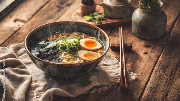 Obraz A bowl of ramen with eggs and seaweed on a wooden table next to chopsticks and a teacup set up