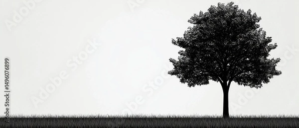 Obraz A lone tree stands in a field, its silhouette stark against the light gray sky.