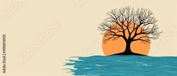 Obraz A lone tree with bare branches stands on a small island in a calm body of water, with a warm orange sunset in the background.