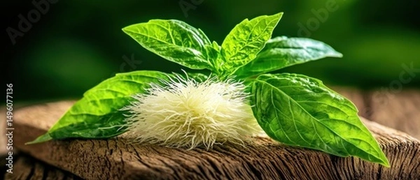 Obraz A close-up of a white flower with long, fuzzy petals and green leaves on a wooden surface.