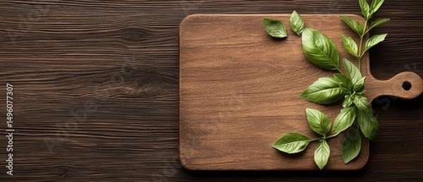 Obraz A wooden cutting board with fresh basil leaves on top.