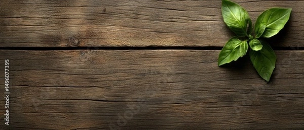 Obraz A plant with green leaves on a wooden surface.