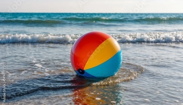 Fototapeta Colorful beach ball resting on wet sand by the ocean shore  
