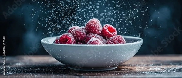 Obraz A white bowl filled with raspberries, dusted with powdered sugar, sits on a wooden table.