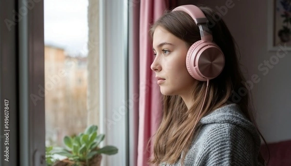 Fototapeta Young girl listening to music while gazing out the window indoors  