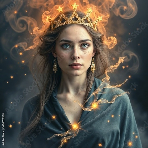Fototapeta Enchanting woman with crown and glowing effects on dark background  