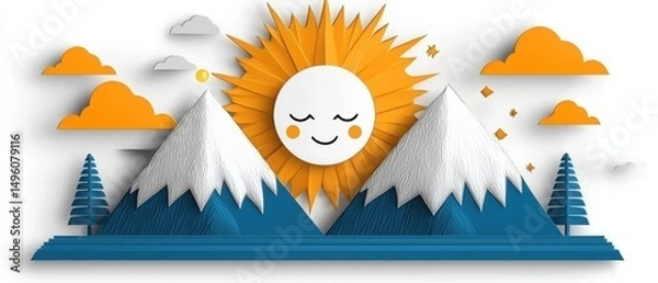 Obraz A paper cutout of a smiling sun with a face and a mountain range.