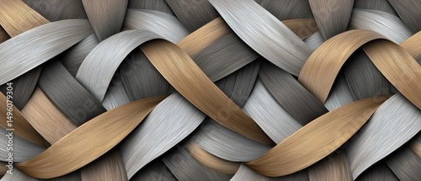 Obraz A close-up view of a woven fabric with a repeating pattern of interwoven strands in shades of gray, white, and gold.