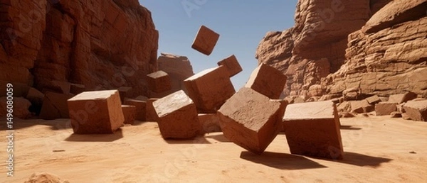Obraz A surreal desert landscape with a large pile of stacked cubes and a falling cube.