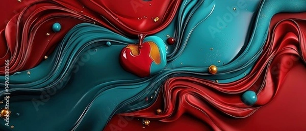 Obraz A digital illustration of a swirling, abstract pattern in red and blue, with gold accents and a central red apple.