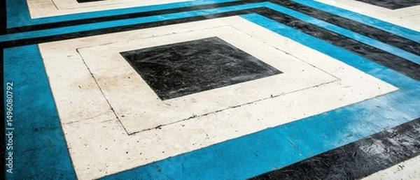 Obraz A geometric pattern of black, white, and blue squares and rectangles.