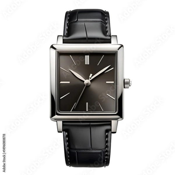 Fototapeta Elegant black rectangular designer watch on transparent background