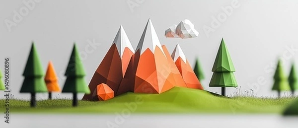 Obraz A 3D rendering of a mountain range with snow-capped peaks and a cloudy sky.
