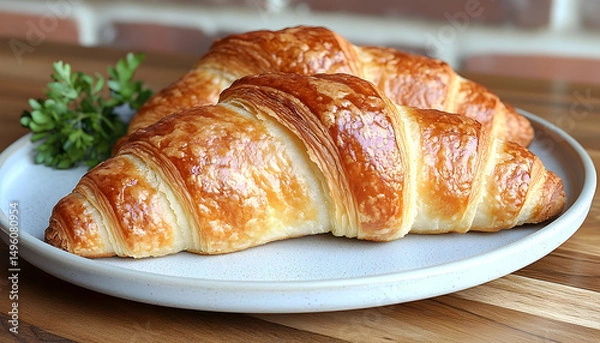 Fototapeta Two flaky, golden croissants on a plate with parsley garnish. Wooden table and brick wall as backdrop