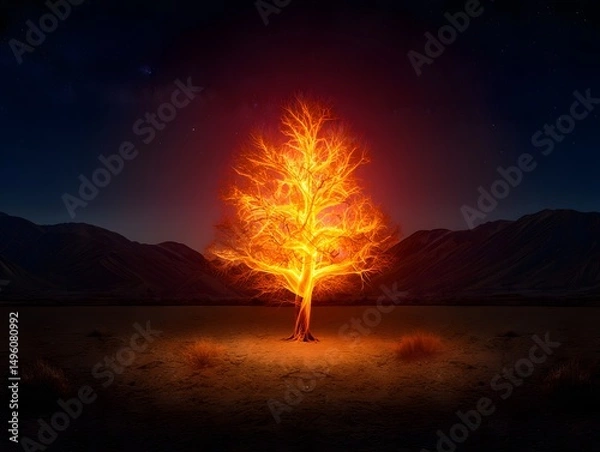 Fototapeta A luminous tree glows with an ethereal flame, a captivating and surreal scene. The vibrant, fiery hues of the tree contrast against the dark landscape.