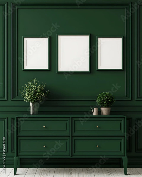Fototapeta Green wall art with framed prints and cabinet. Modern interior with botanical elements, wooden floor. Dark green hue.