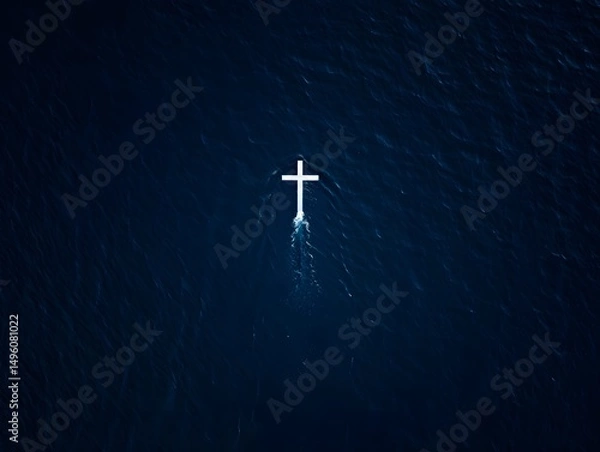 Fototapeta A lone white cross floats serenely atop the vast expanse of water, creating a powerful and evocative scene with simple imagery.