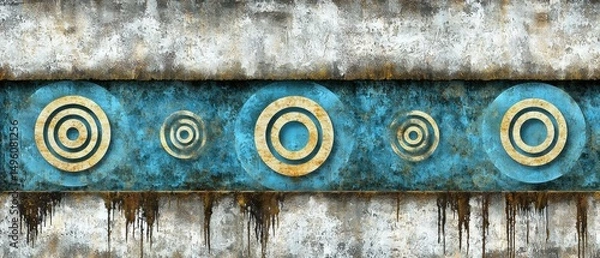 Obraz A painting of a blue wall with gold circles and a rusted metal strip.