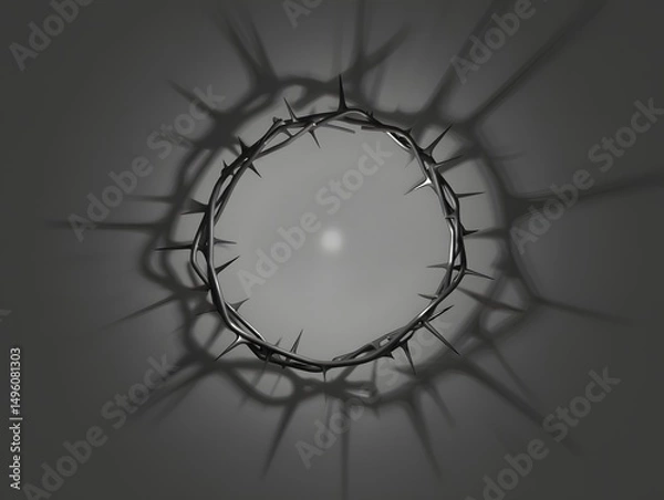 Fototapeta A hauntingly beautiful, overhead view of a thorn crown is set against a dim, surreal background, evoking a sense of reflection and symbolism. The dark, sharp thorns cast long shadows.