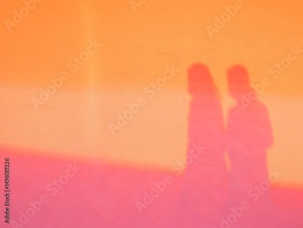 Fototapeta Captured in a sun-kissed glow, the silhouette of a couple stands embracing on a textured wall. The warm, vibrant hues of sunset create a romantic and intimate mood.