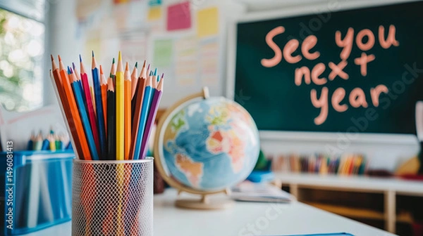 Fototapeta Colorful pencils, stationery products and words "See you next year". School supplies. Ending of school year.