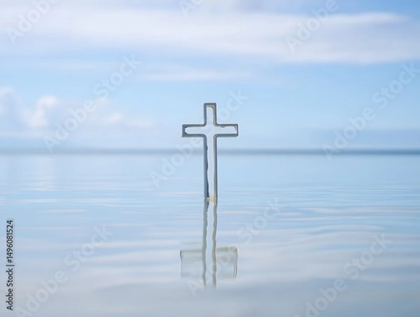Fototapeta A serene scene of a metallic cross standing gracefully in tranquil water, with a reflection. The sky is painted with soft hues of blue, capturing a sense of peace and spirituality.