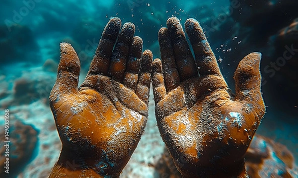 Fototapeta Two hands covered in sand extend towards the camera from underwater with dappled sunlight in aqua tinted water