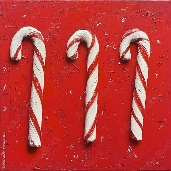 Fototapeta Three candy canes on a textured red background.