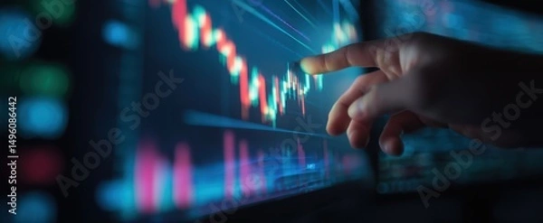 Fototapeta The hand interacting with a digital financial market analysis screen in a modern workspace.