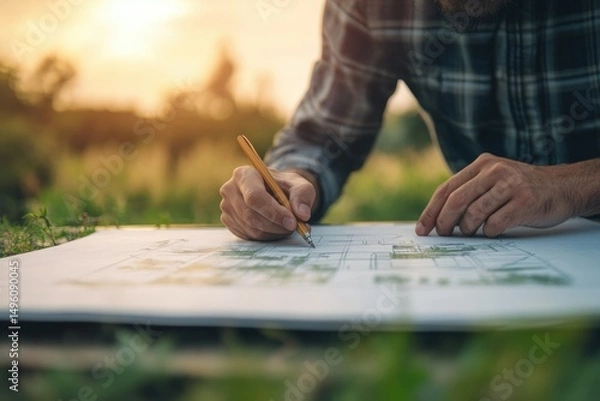 Fototapeta An architect or designer meticulously sketching a blueprint outdoors, bathed in the golden hour sunlight.