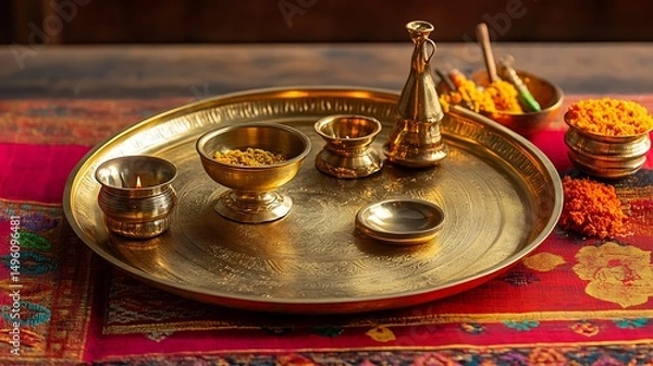 Obraz Gold-toned brassware arranged on a round tray.