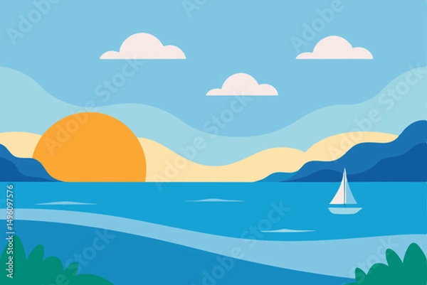 Fototapeta Creative Artistic Sea View Seascape Wallpaper in Watercolor Style Vector Illustration Background