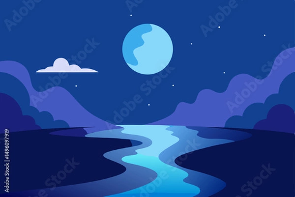 Fototapeta Serene Ethereal Moonlight Shining Over Flowing River Dreamscape Vector Illustration Background