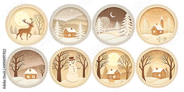 Obraz Decorative Winter Scenes Collection: Rustic Houses, Deer, Snowman in Vintage Frame on Black Background