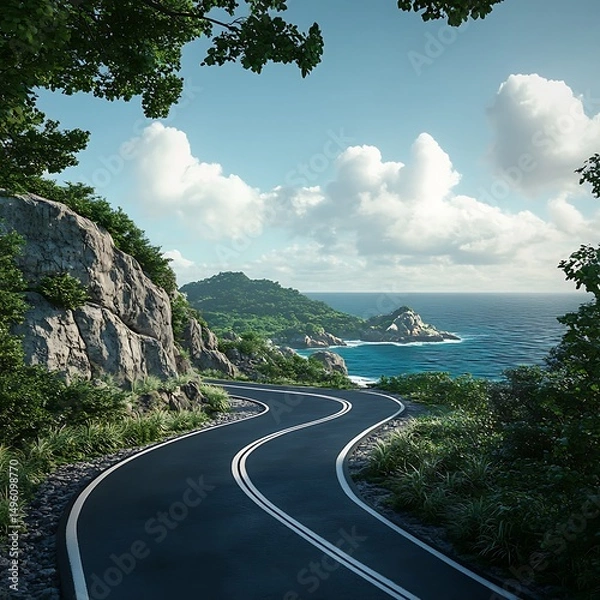 Obraz Winding coastal road through lush tropical landscape.
