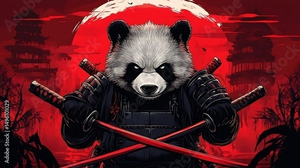 Obraz Powerful panda warrior wielding katana swords.