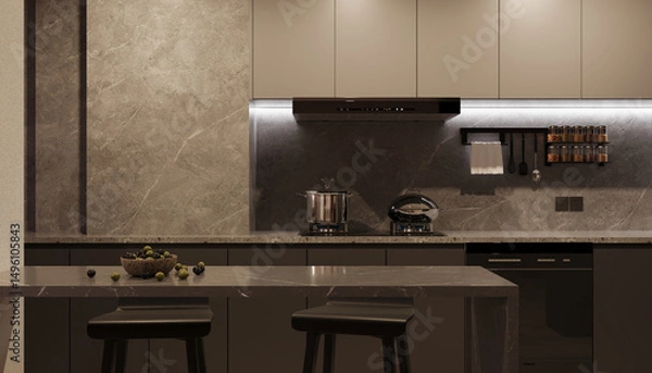 Fototapeta A modern kitchen showcases its elements under soft white lighting, creating a sophisticated and warm atmosphere
