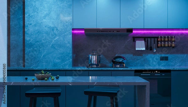 Fototapeta The kitchen elements is transformed by vibrant, colored lighting