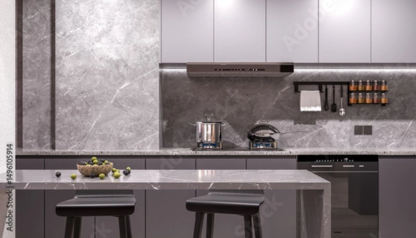 Fototapeta The kitchen elements are seen under cool white lighting, emphasizing a clean, crisp, and highly functional aesthetic.