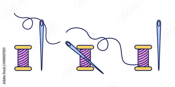 Fototapeta Needles and spools of thread in colorful linear style. Flat vector illustration for sewing and tailoring. Craft and handmade concept. Design for sticker, print.